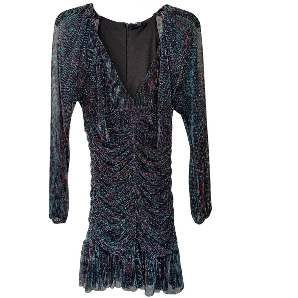 Skies Are Blue Runched Sheer Long Sleeve Black Teal Metallic Midi Dress - Picture 6 of 13